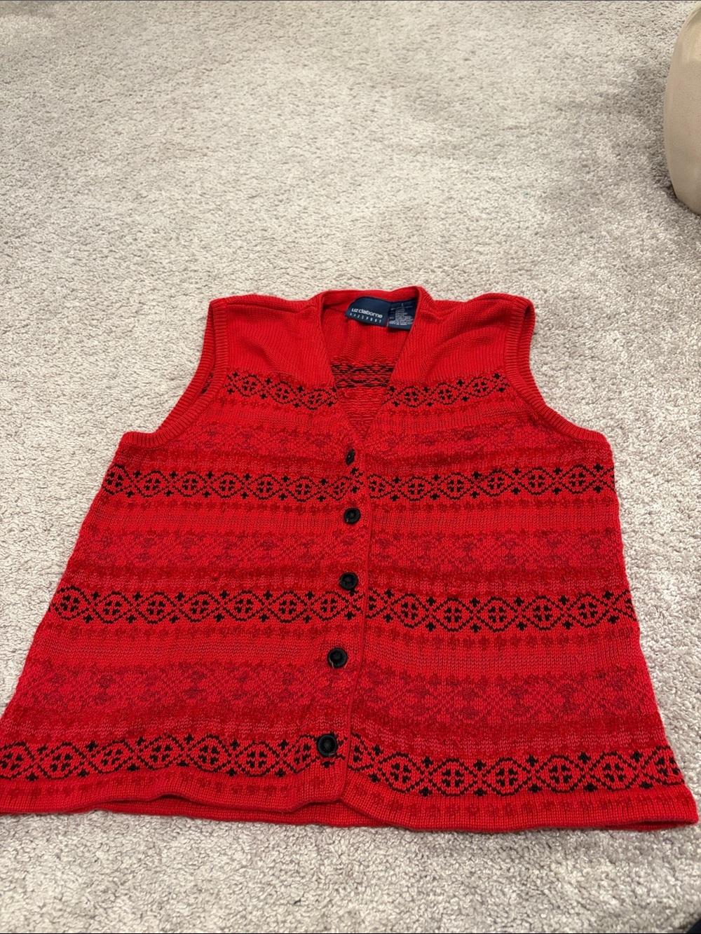 Vintage Liz Claiborne Red Tribal Striped V-Neck Grandma Knit Sweater Vest large